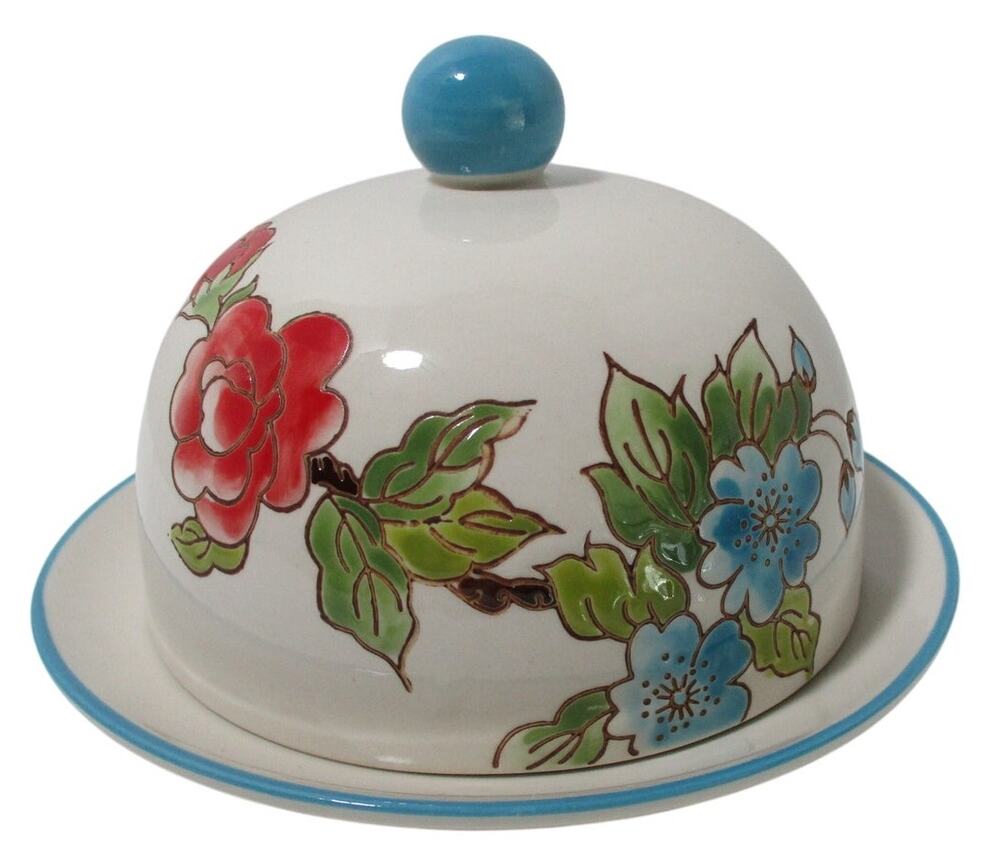 Dutch Wax Domed Ceramic Blue & Red Hand Painted Floral Butter / Cheese Dish
